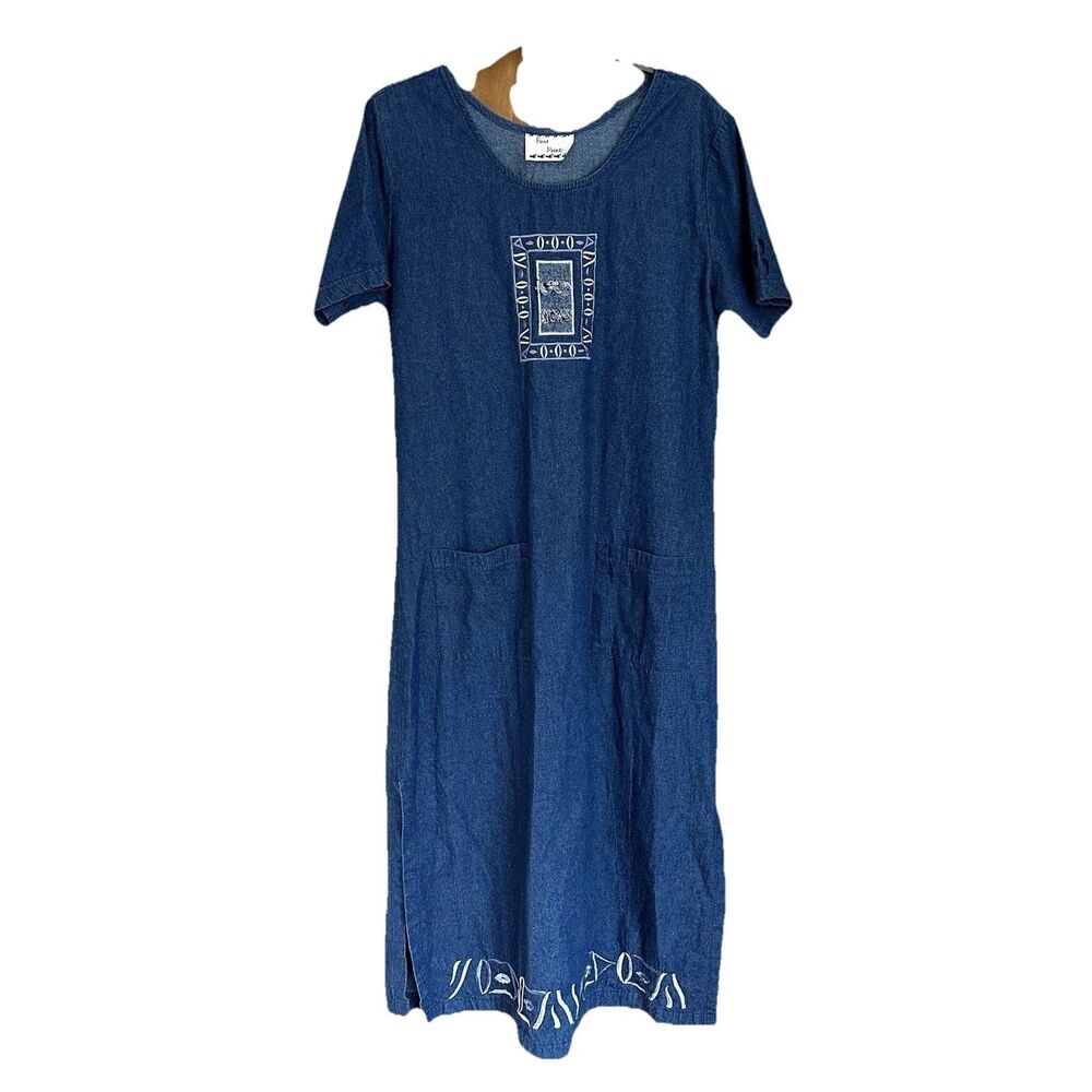 Foot Prints Maxi Dress Size Lg Denim Embroidered Pocket Lagen Beachy Boho Artsy